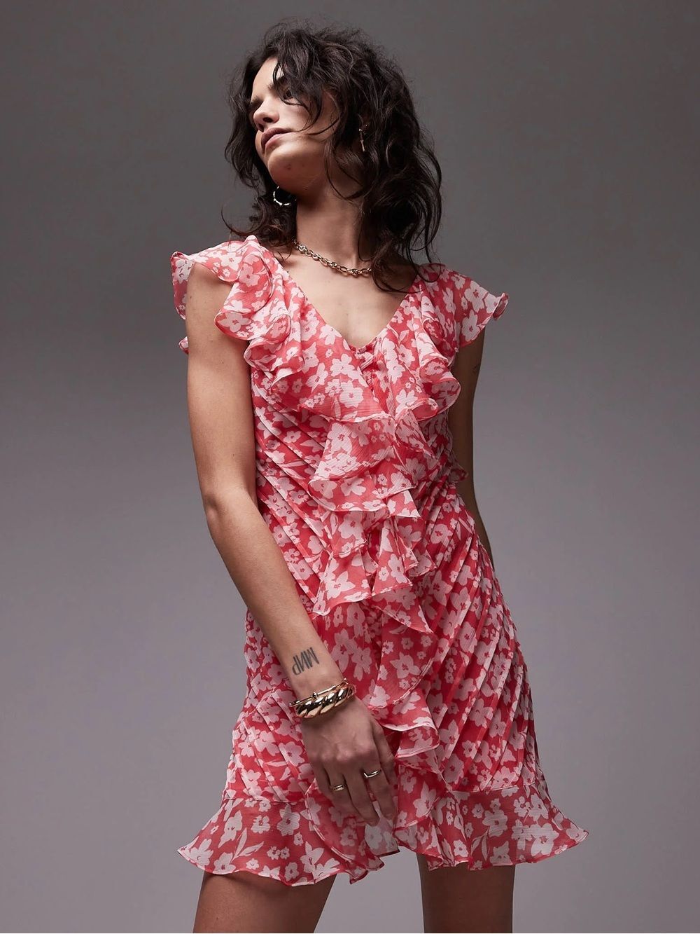 Topshop Pink Floral Ruffle Mini Dress | Flutter Sleeve | UK 6 US 2 | NWT